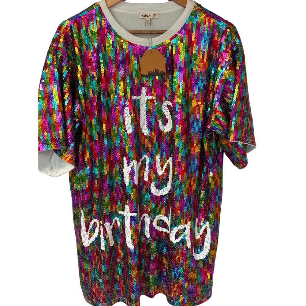Mainstrip Colorful Sequin“It’s My Birthday”Top Multicolor Rainbow Sparkle Size L